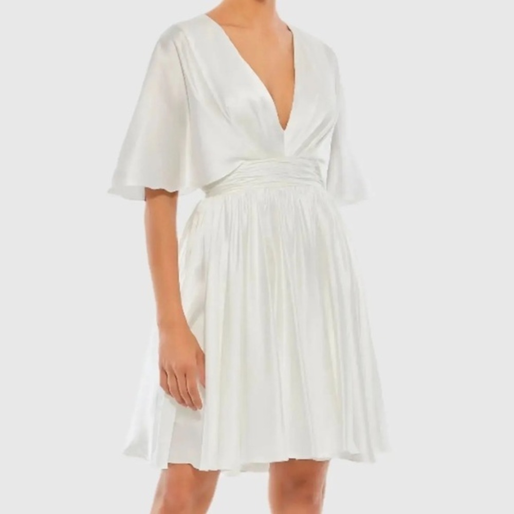IEENA Mac Duggal, Satin Flowy Flutter Sleeve Mini Dress - Picture 1 of 11